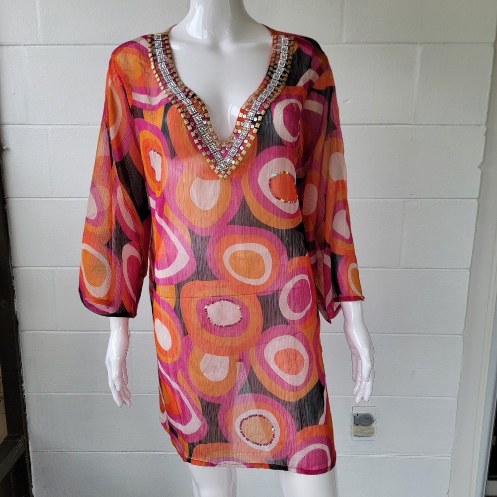 NWT Island Expression Women's Tunic Top Blouse Free Size Orange White Magenta